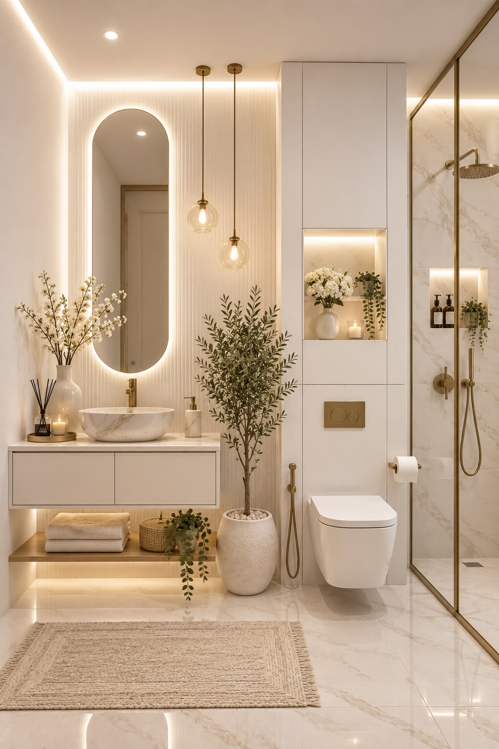 Bespoke Stone Vanity Washroom featuring Freestanding Soak Tub & Niches #50